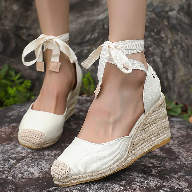 Sandalias de Cuña con Puntera Cerrada y Cintas para Anudar para Mujer