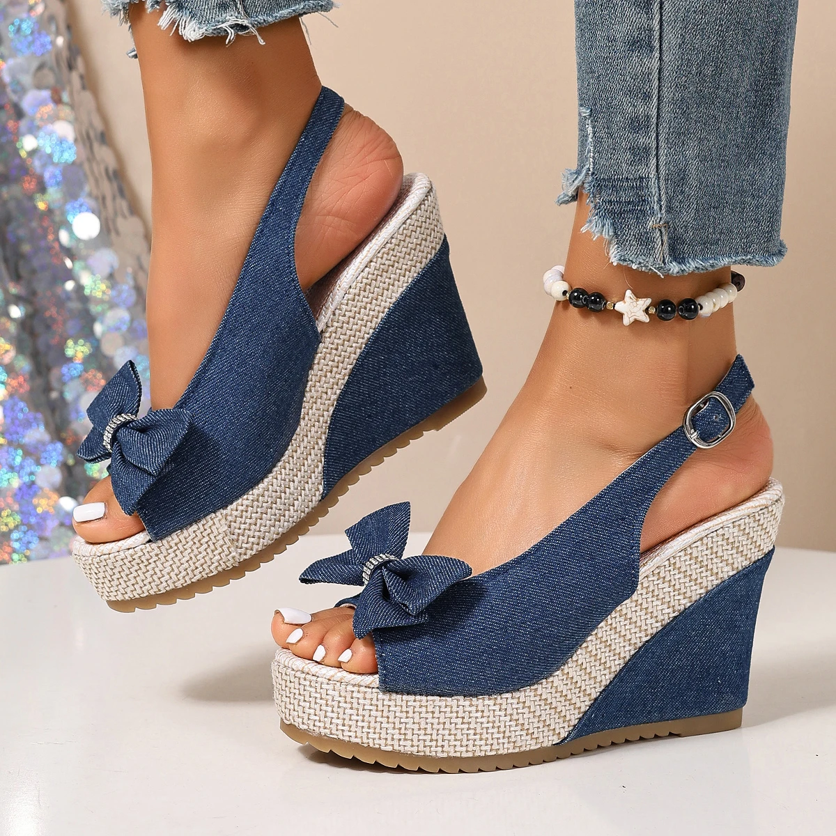 Sandalias de Cuña Alta Vaqueras con Lazo y Yute para Mujer