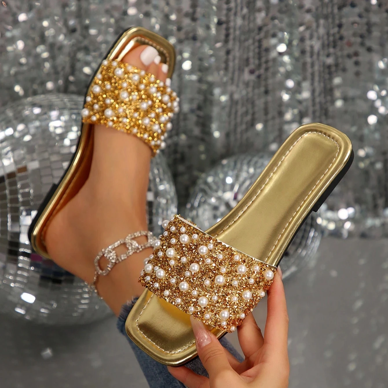 Sandalias Planas de Fiesta con Perlas y Brillo para Mujer