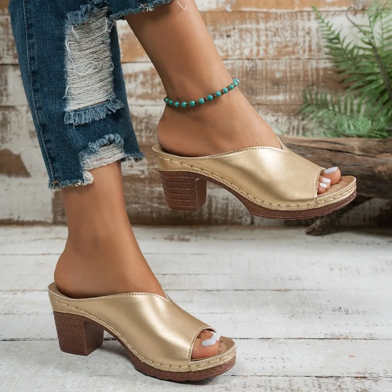 Sandalias tipo mule mujer con tacón ancho efecto madera